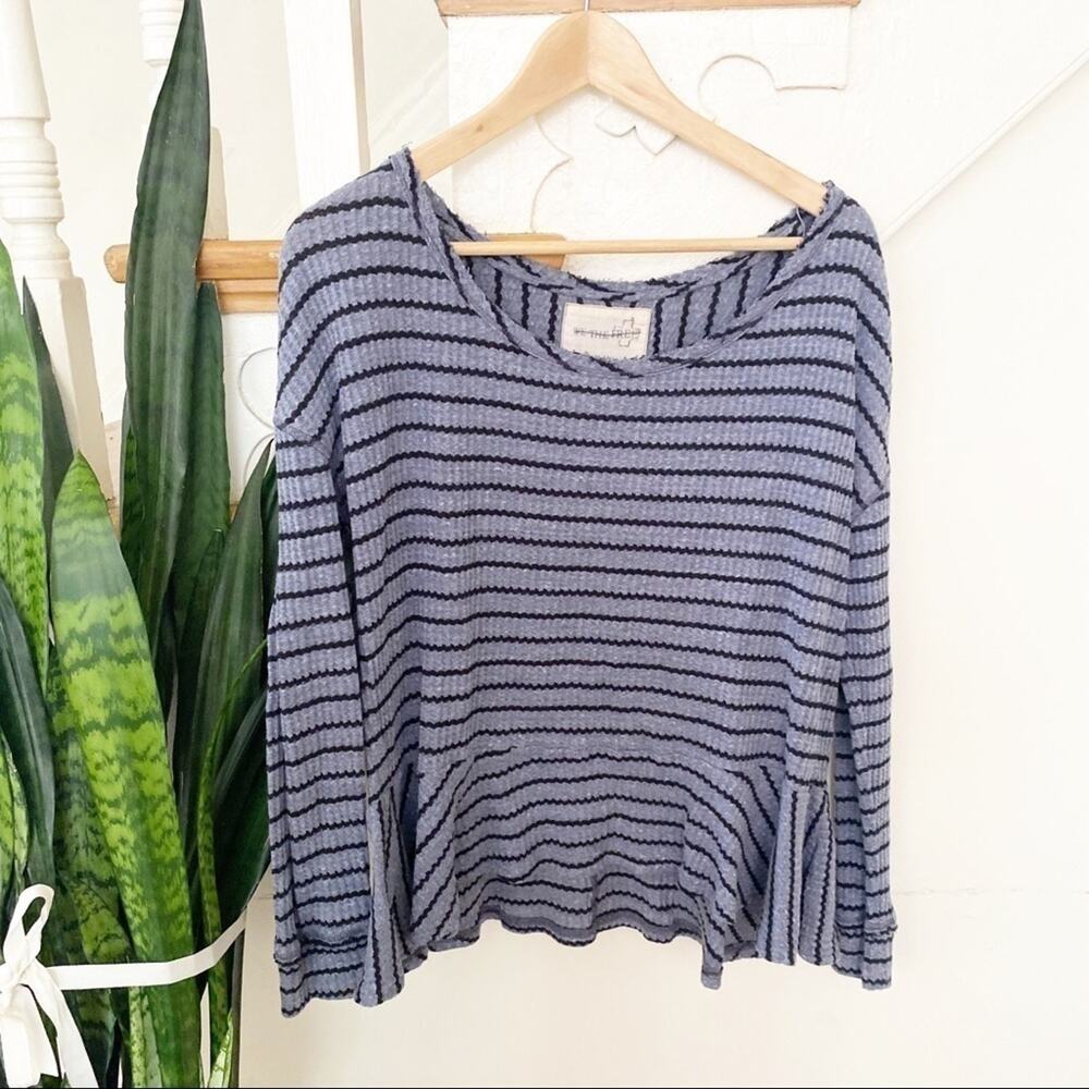 Free People Light Blue and Navy Striped Knit Long Sleeve Top